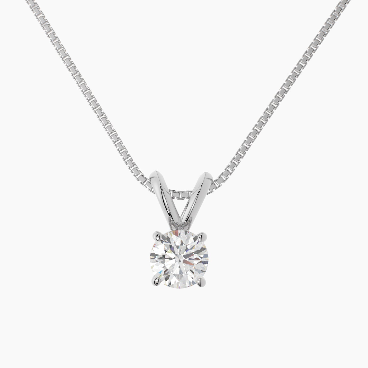 14K White Gold Moissanite Round Cut Pendant Necklace | Rabbit Ear Bail | 0.75 or 2.0 CTW | 16 or 18 Inch .80mm Box Link