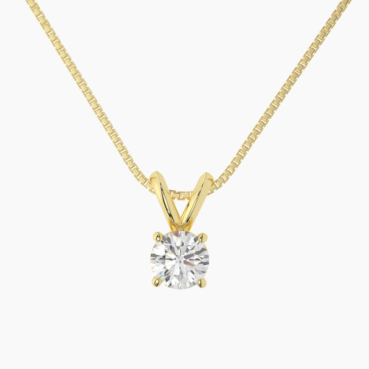 14K Yellow Gold Moissanite Round Cut Pendant Necklace | Rabbit Ear Bail | 0.75 or 2.0 CTW | 16 or 18 Inch .80mm Box Link
