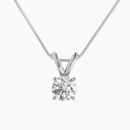 14K White Gold Moissanite Round Cut Pendant Necklace | Rabbit Ear Bail | 0.75 or 2.0 CTW | 16 or 18 Inch .80mm Box Link