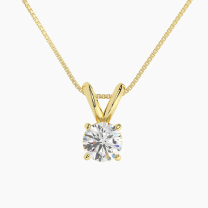 14K Yellow Gold Moissanite Round Cut Pendant Necklace | Rabbit Ear Bail | 0.75 or 2.0 CTW | 16 or 18 Inch .80mm Box Link
