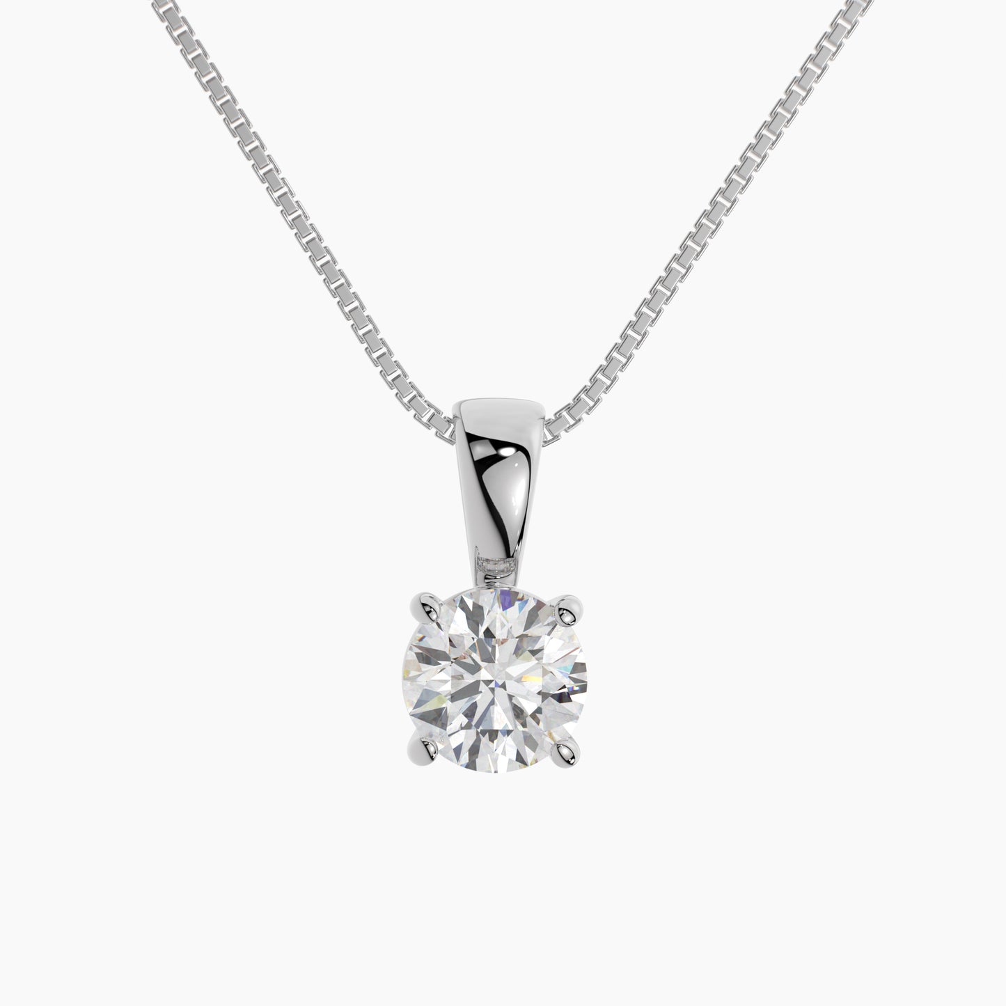 14K White Gold Moissanite Round Cut Pendant Necklace | Solid Bail | 0.75 to 2.0 CTW | 16 or 18 Inch .80mm Box Link