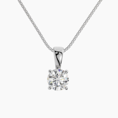 14K White Gold Moissanite Round Cut Pendant Necklace | Solid Bail | 0.75 to 2.0 CTW | 16 or 18 Inch .80mm Box Link