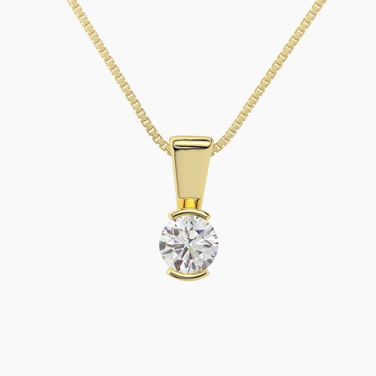 14K Yellow Gold Moissanite Round Cut Half Bezel Pendant Necklace | 0.75 CTW | 16 or 18 Inch .80mm Box Link