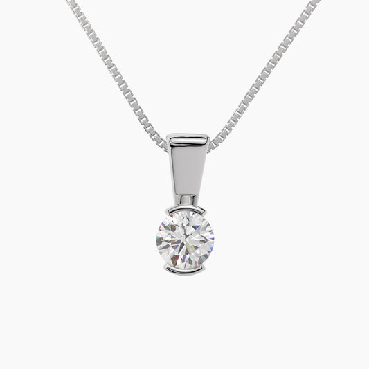 14K White Gold Moissanite Round Cut Half Bezel Pendant Necklace | 0.75 CTW | 16 or 18 Inch .80mm Box Link