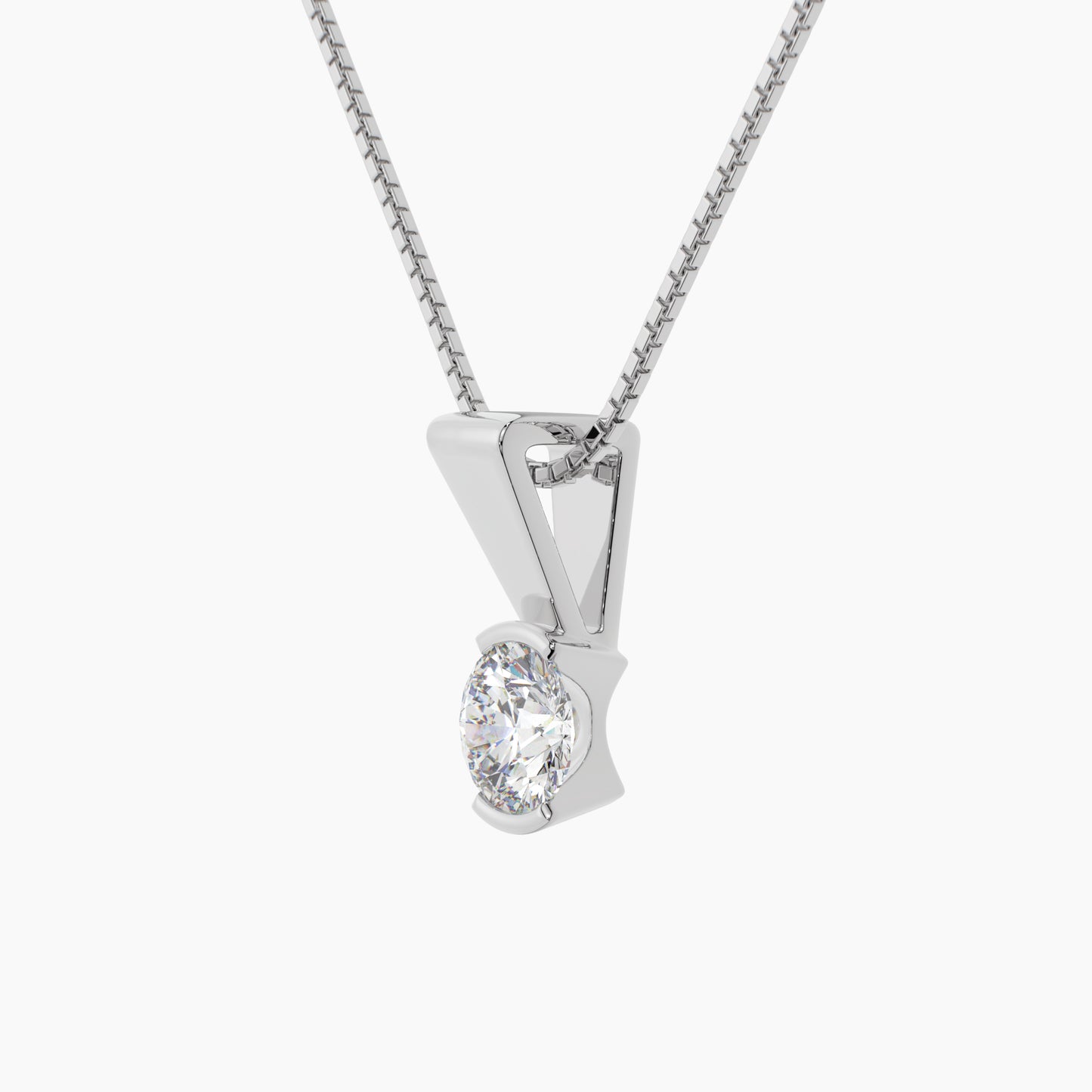 14K White Gold Moissanite Round Cut Half Bezel Pendant Necklace | 0.75 CTW | 16 or 18 Inch .80mm Box Link