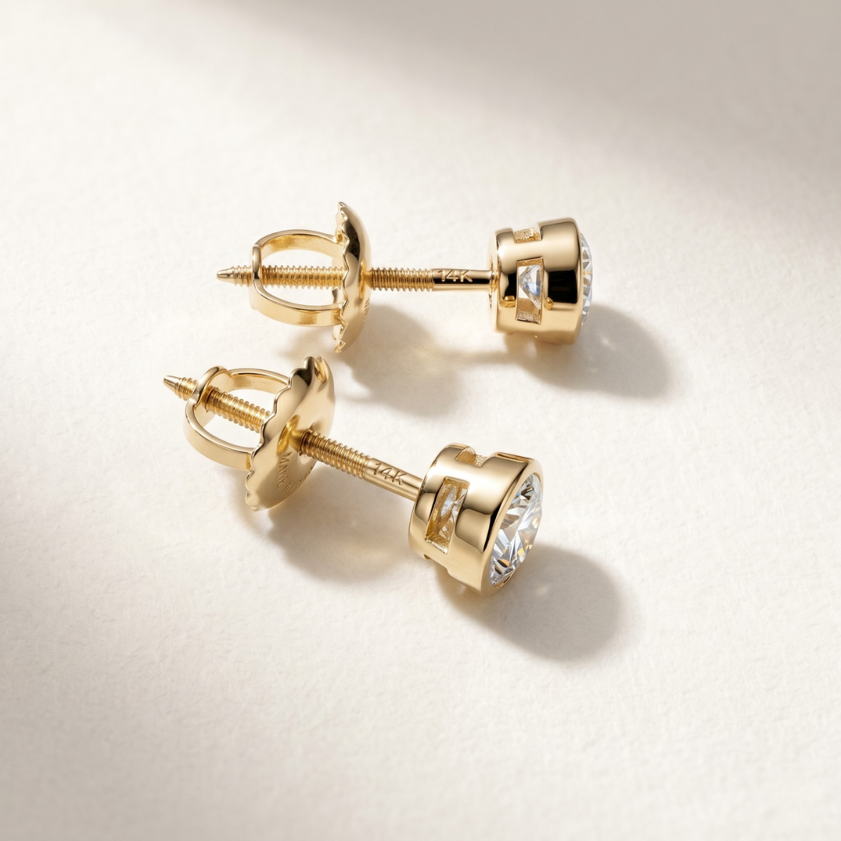 14K Solid Gold Moissanite Bezel Stud Earrings | Round Cut | 0.5 to 2 CTW | VVS1 D-F Color | Push Back or Screw Back | Made in USA