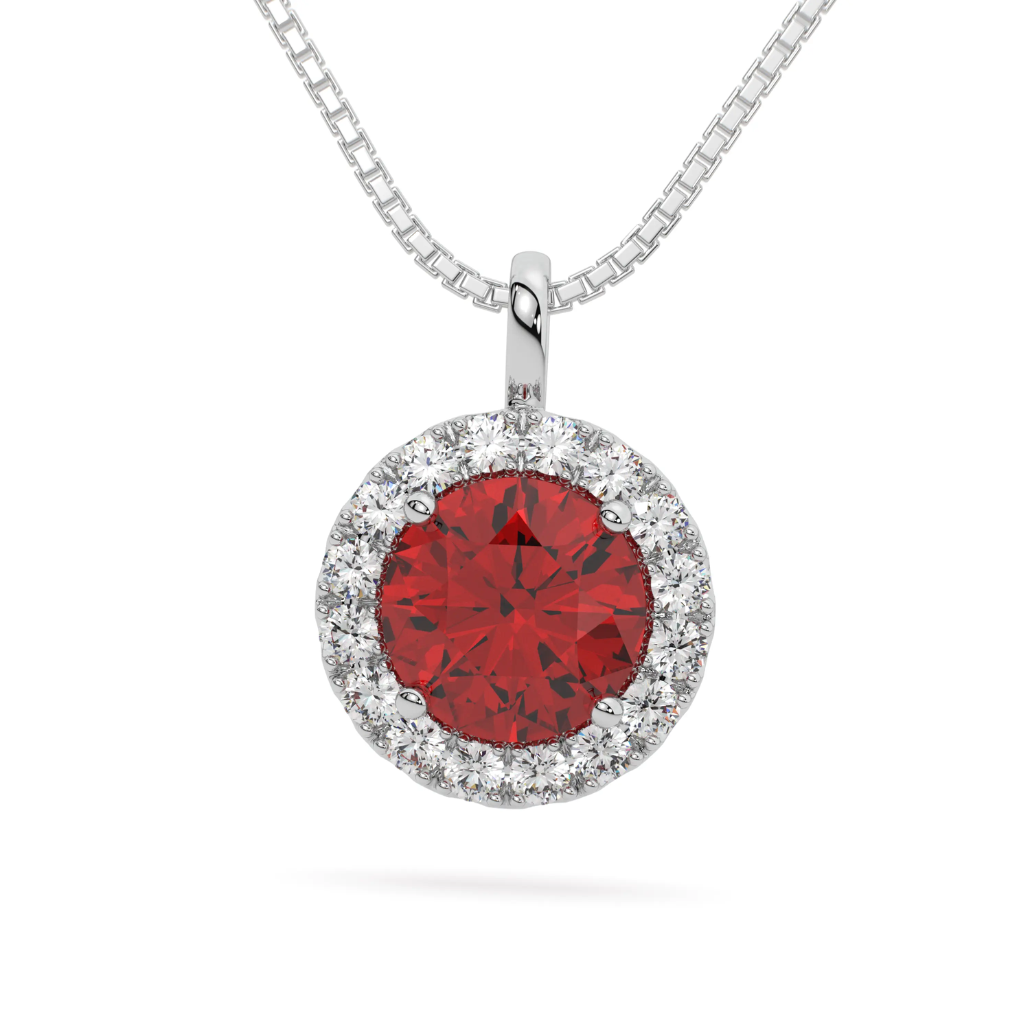 Sterling Silver Red VVS Moissanite Halo Pendant Necklace