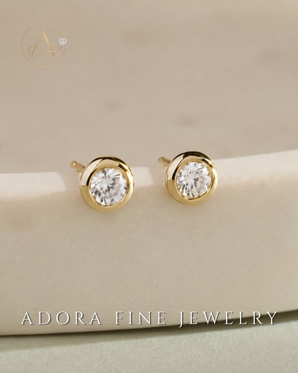 Diamond Bezel Stud Earring Solid Yellow Gold