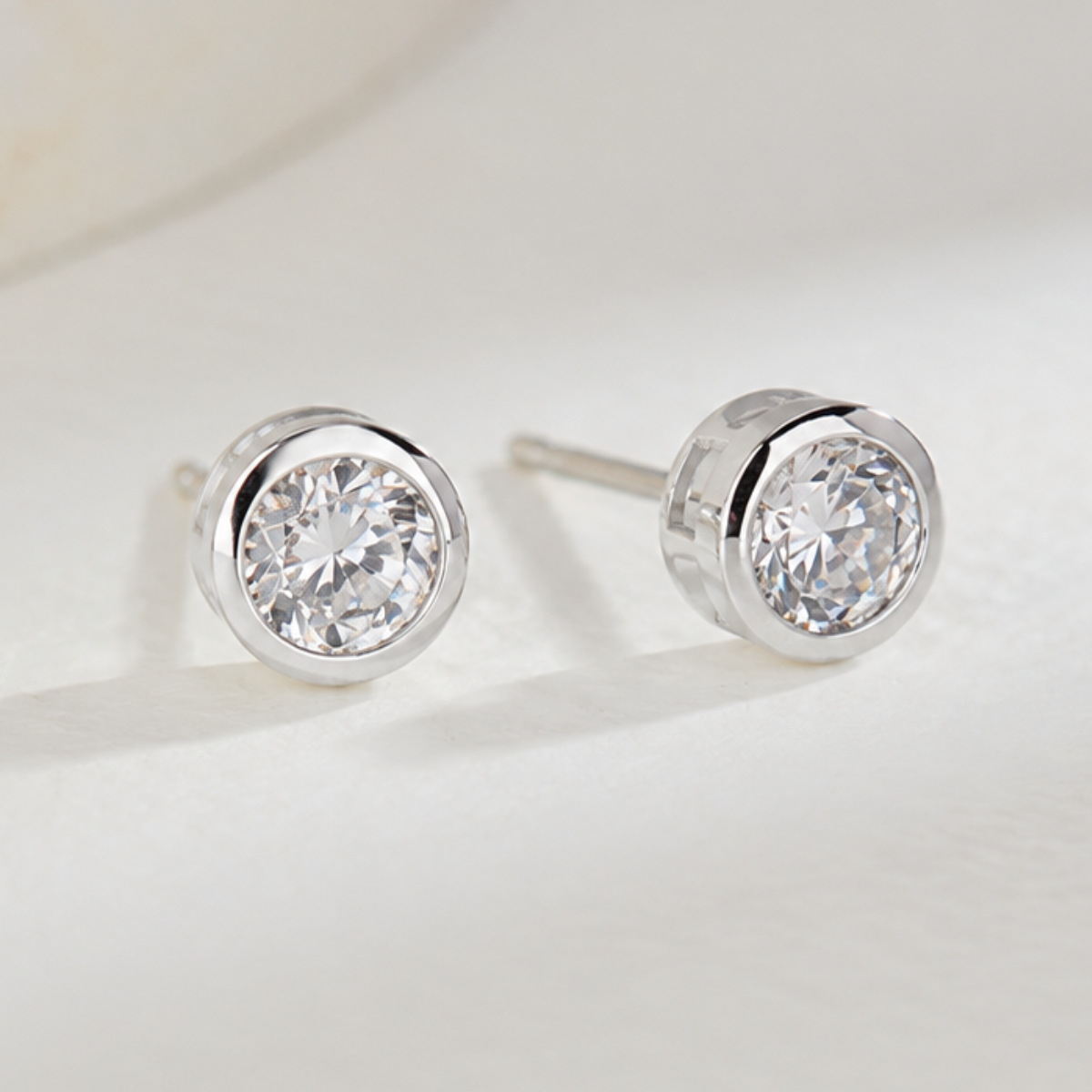 14K Solid Gold Moissanite Bezel Stud Earrings | Round Cut | 0.5 to 2 CTW | VVS1 D-F Color | Push Back or Screw Back | Made in USA