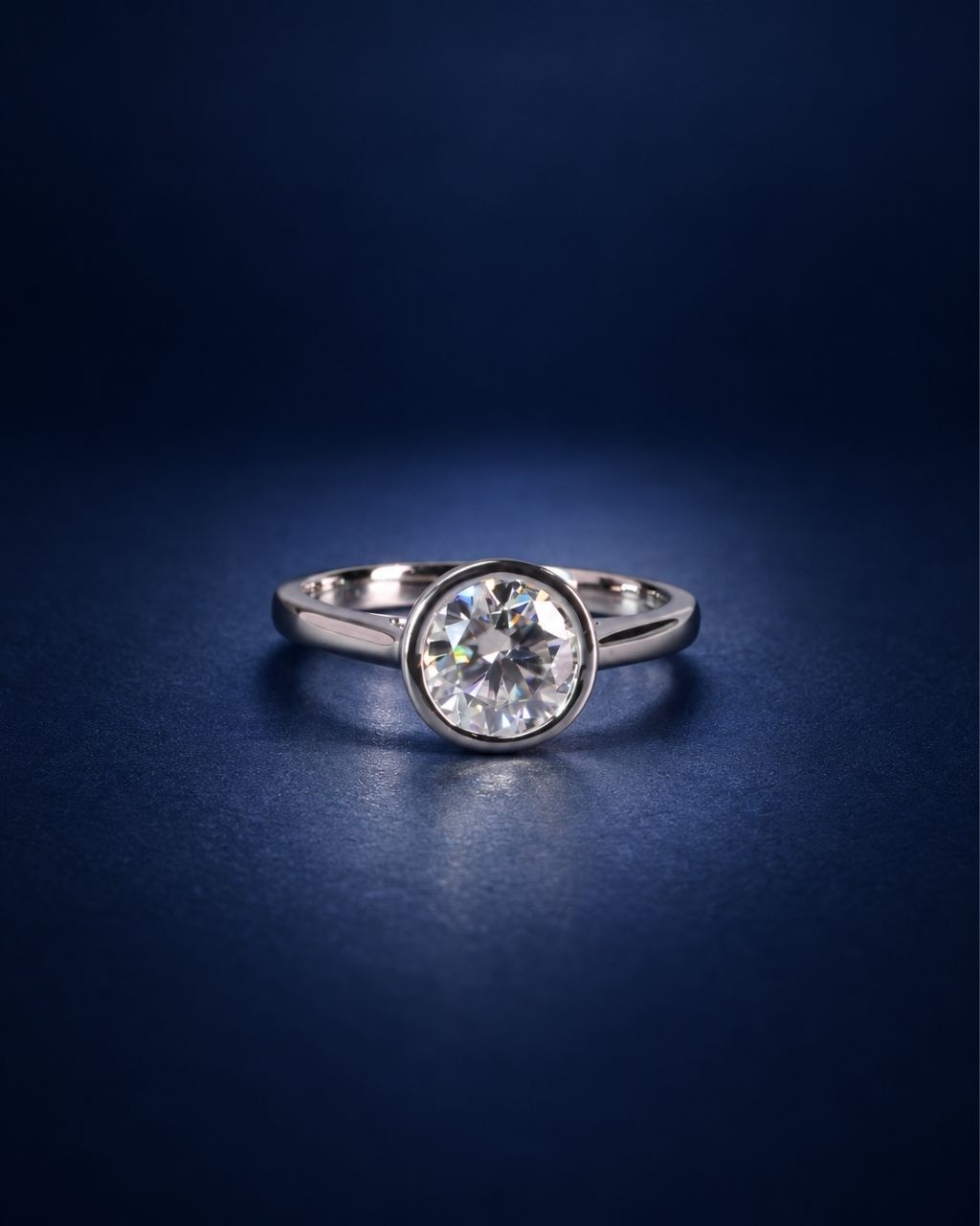 Round bezel-set moissanite solitaire ring in polished 14K solid white gold, featuring a brilliant round-cut stone photographed on a deep navy blue background