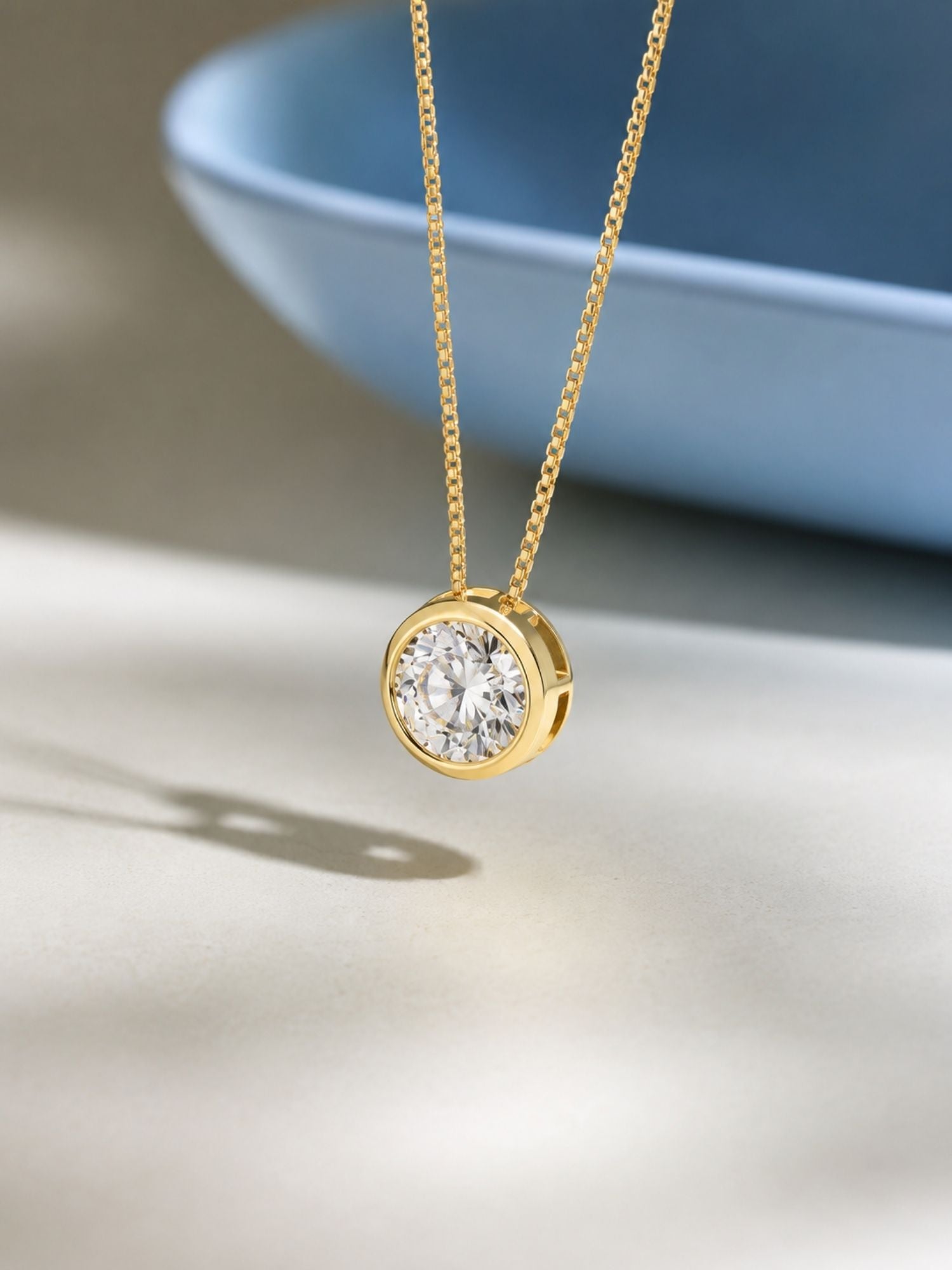 14K Solid Gold Round Bezel Moissanite Floating Pendant Only