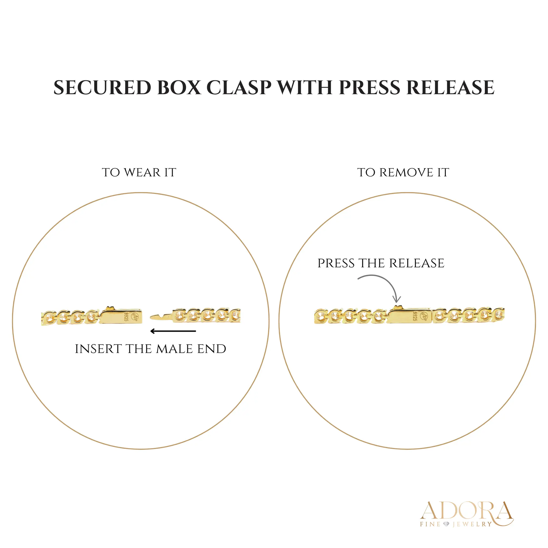 24K Yellow Gold Plated or Rhodium Plated over 925 Sterling Silver Moissanite Classic Tennis Bracelet | Round Cut | Square Setting | 7.0 Inches Adora Fine Jewelry