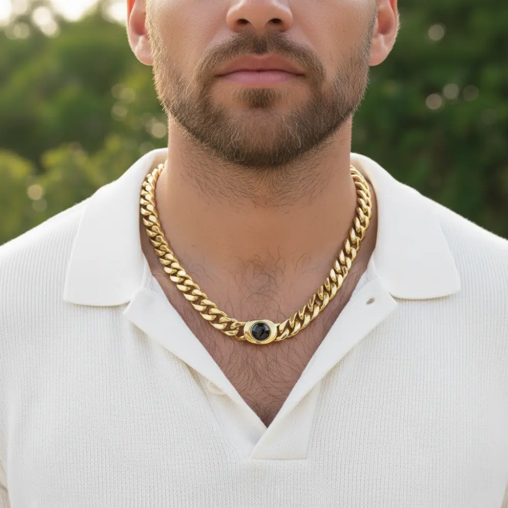 Men’s 18K gold Miami Cuban link chain with black cz stone box clasp with model