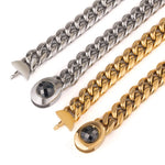 Men’s 18K gold Miami Cuban link chain's box clasp with a central gemstone to see