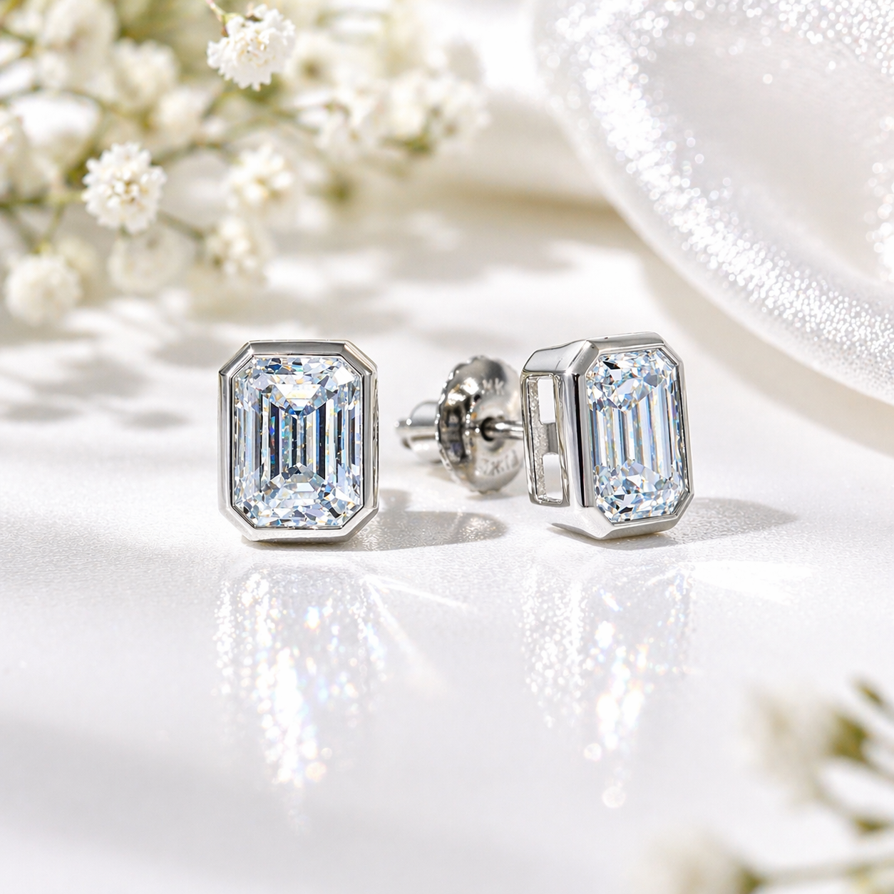 Bezel Emerald Cut Moissanite Stud Earrings | 925 Sterling Silver | 2 CTW D Color VVS1