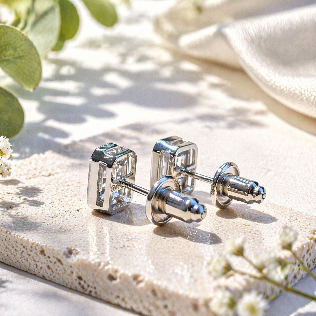 Bezel Emerald Cut Moissanite Stud Earrings | 925 Sterling Silver | 2 CTW D Color VVS1