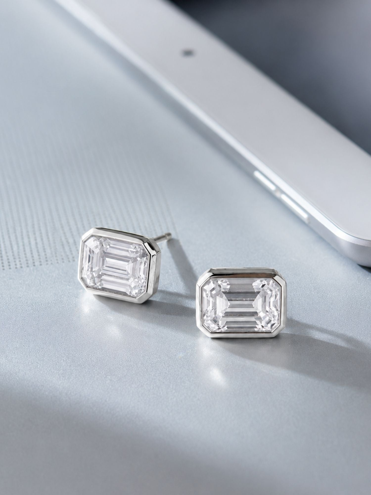 925 Sterling Silver Bezel Emerald Cut Moissanite Earrings