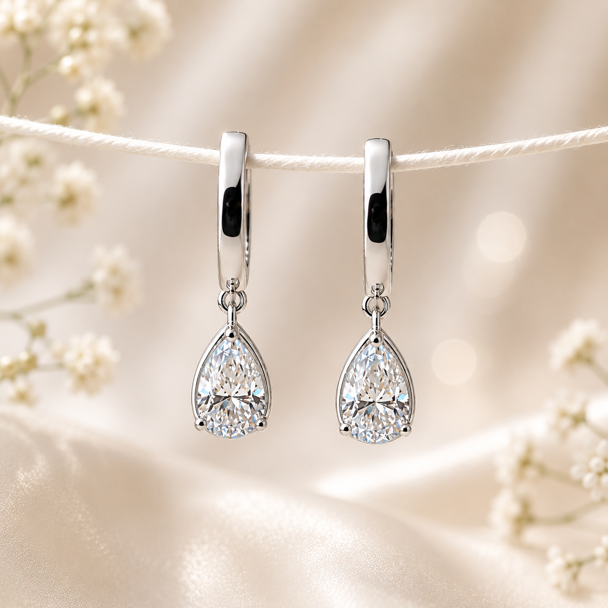 Pear Cut Moissanite Dangle Hoop Earrings, 1-2 CTW, D Color VVS1, 925 Silver, 14K Gold or Rhodium Plated