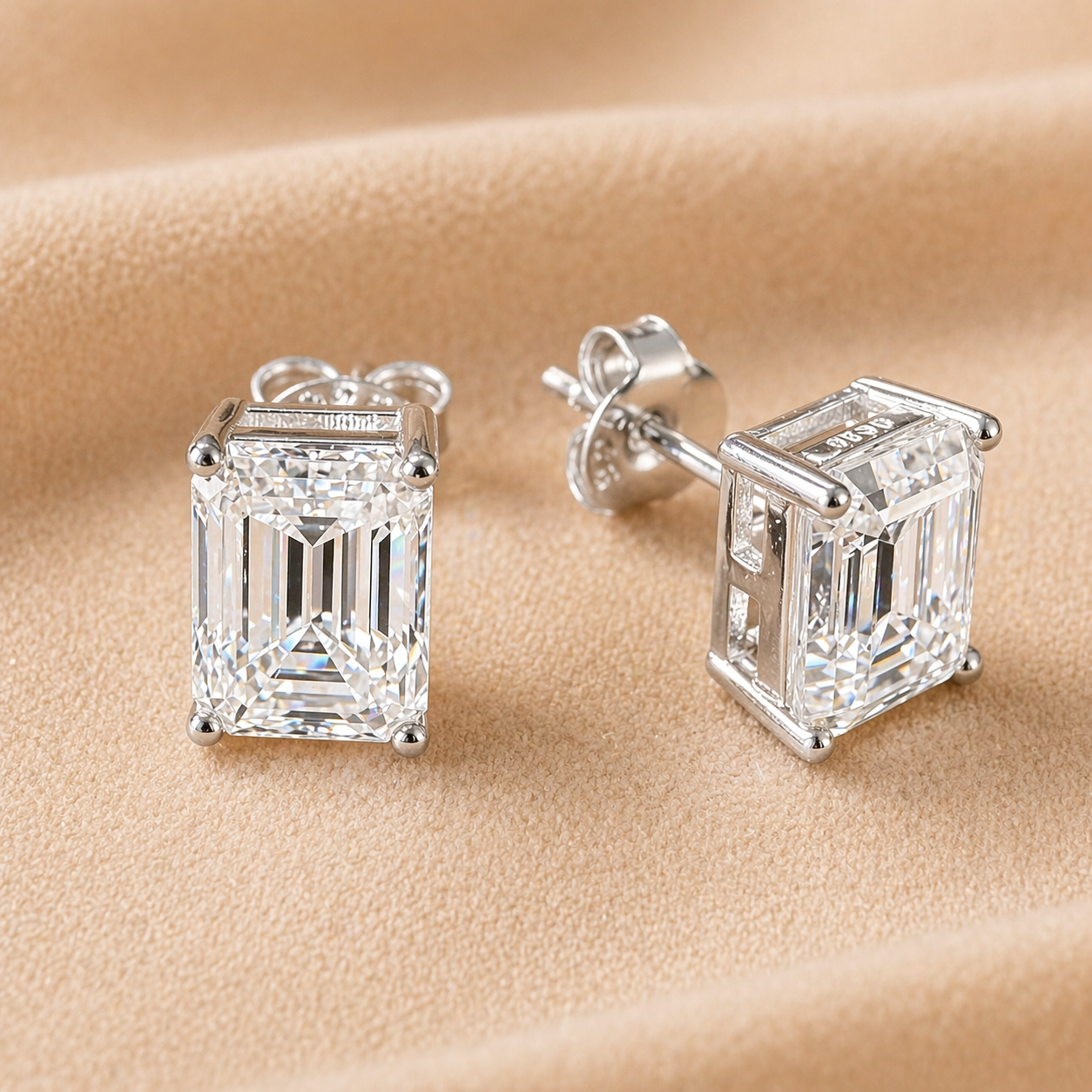 Emerald Cut Moissanite Stud Earrings | 925 Sterling Silver | 4-Prong Solitaire | D Color VVS1 | Lab Grown Diamond Alternative