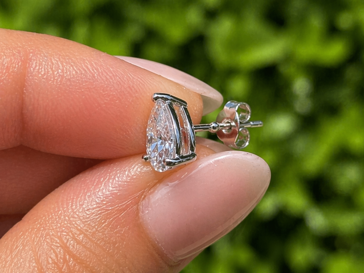 2 CTW Pear Cut Moissanite Stud Earrings | 8x5mm | 3-Prong | Push Back | Diamond Alternative | Rhodium or 18K Gold Plated Sterling Silver