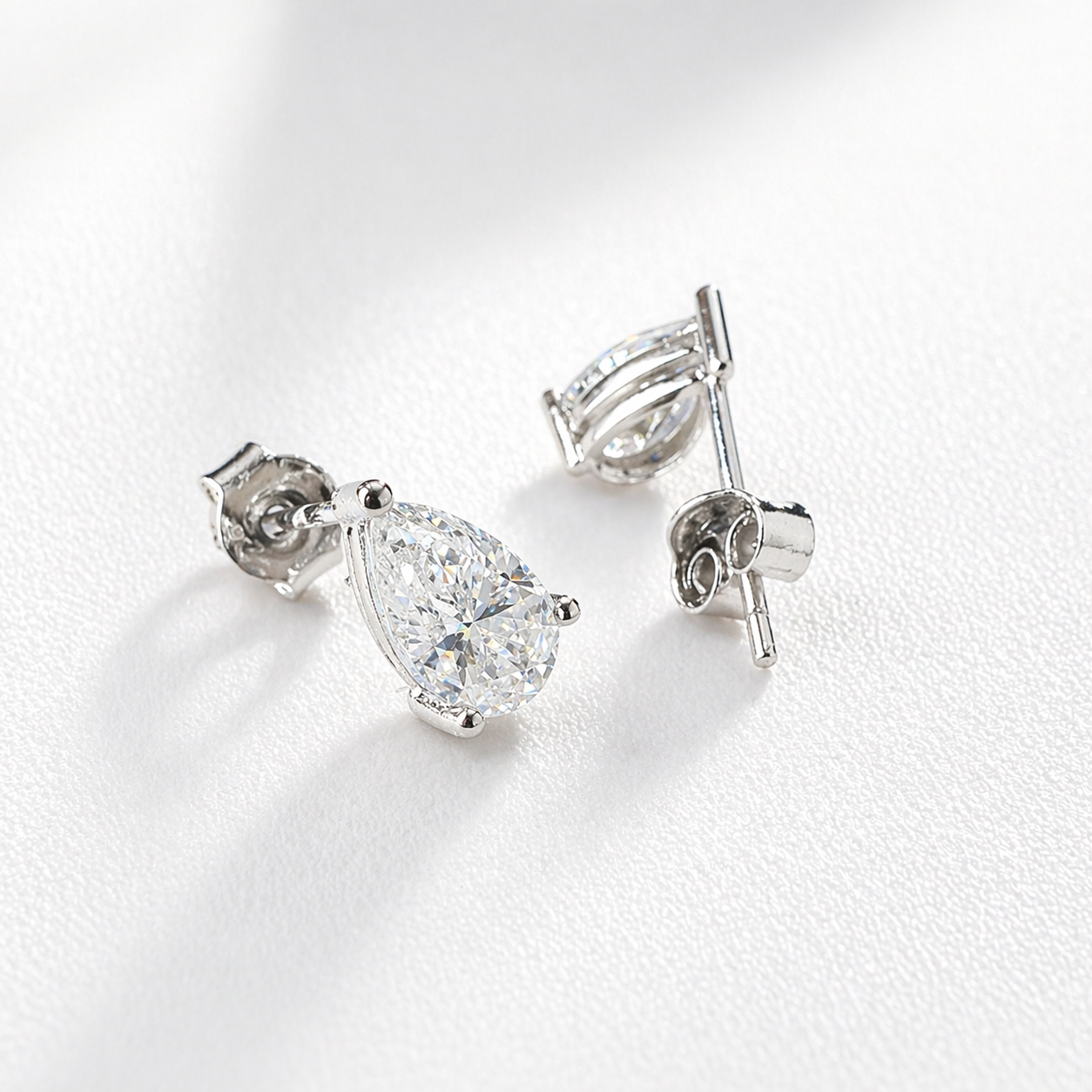 2 CTW Pear Cut Moissanite Stud Earrings | 8x5mm | 3-Prong | Push Back | Diamond Alternative | Rhodium or 18K Gold Plated Sterling Silver
