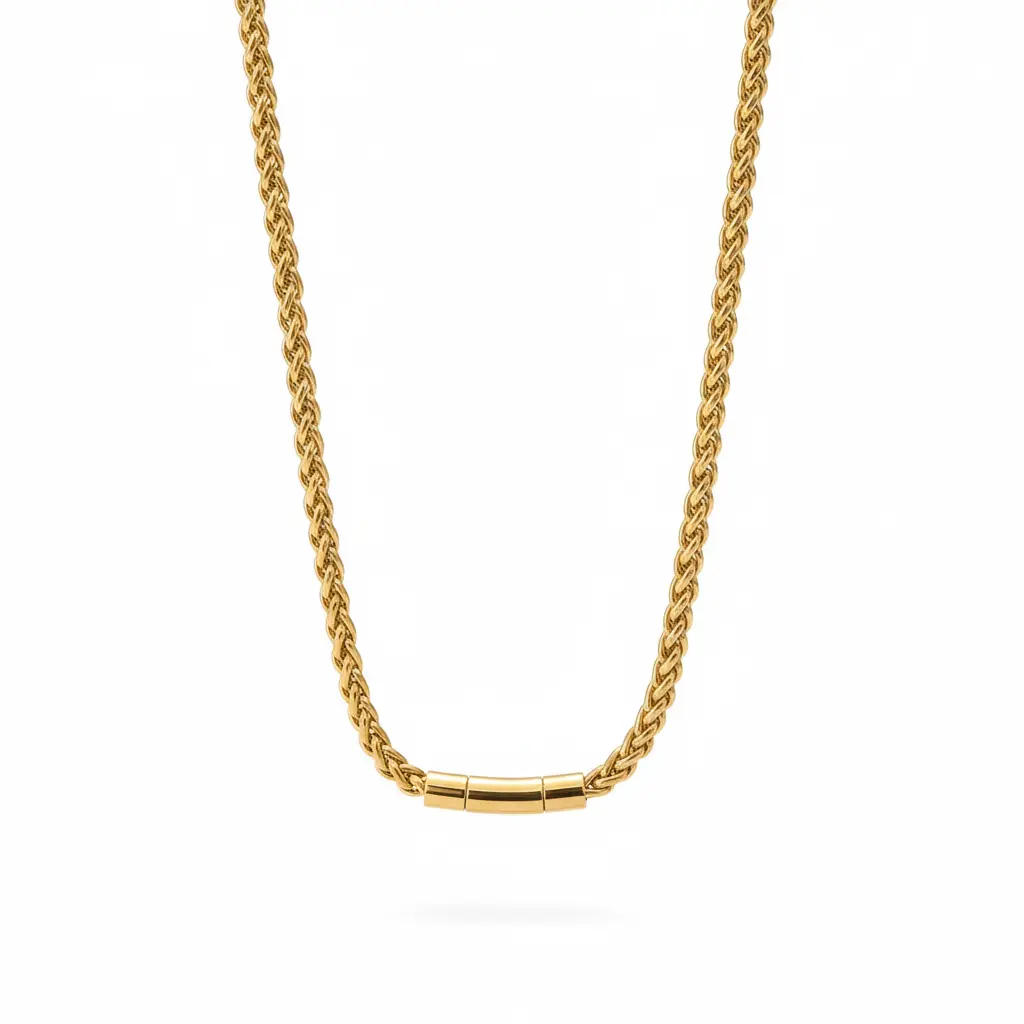 18K Gold 6mm Wheat Chain Necklace 22" Length Barrel Push-Button Clasp