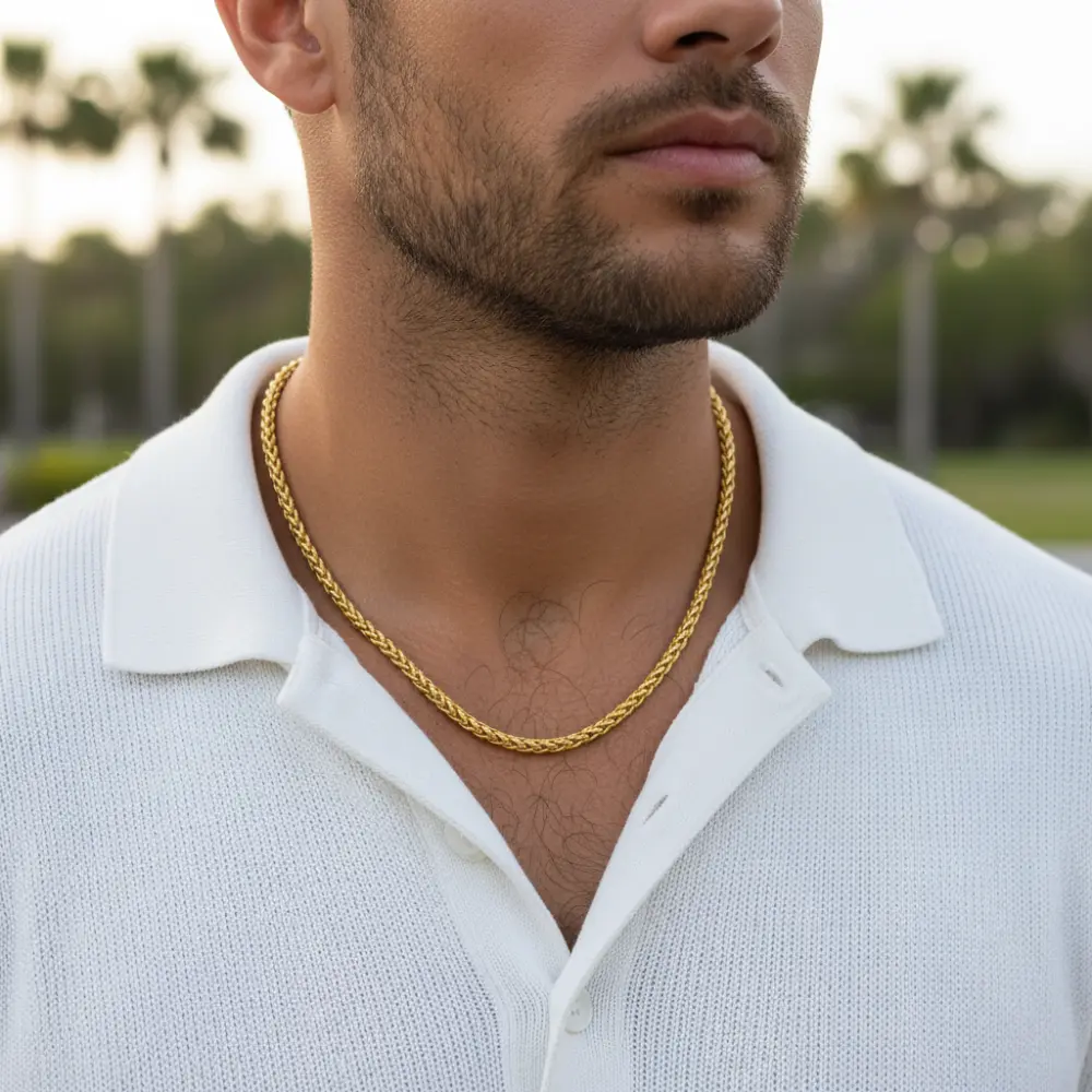 18K Gold 6mm Wheat Chain Necklace 22" Length with Male Model