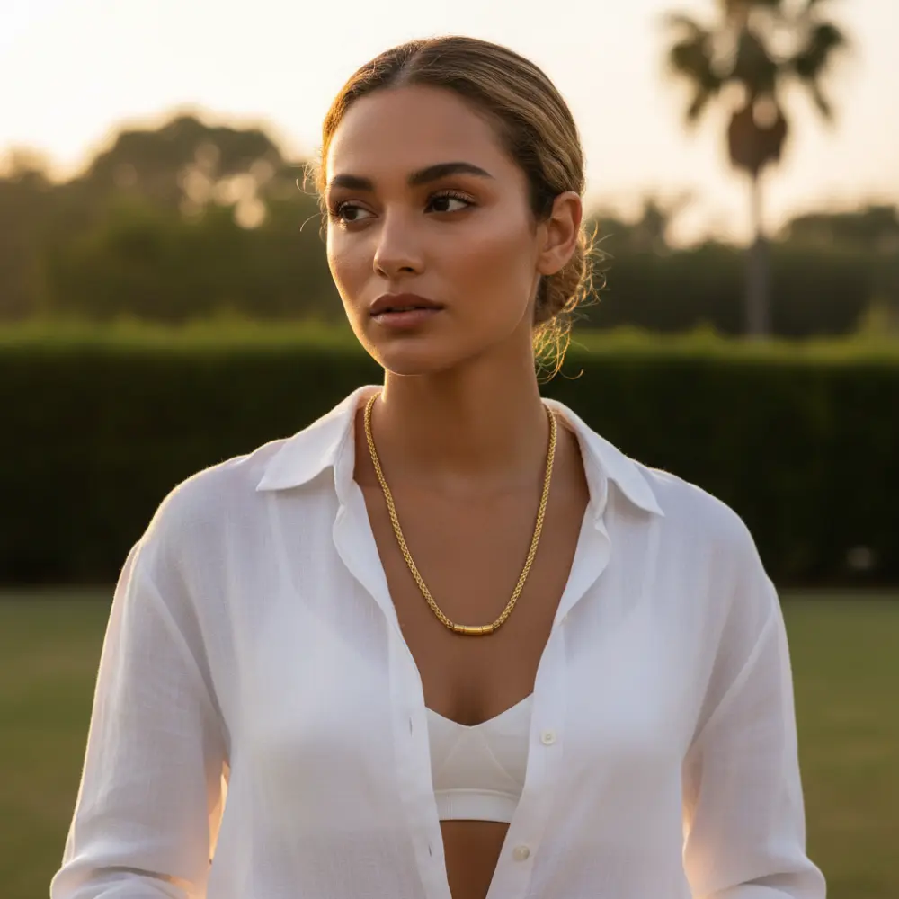 18K Gold 6mm Wheat Chain Necklace 22" Length with Female Model