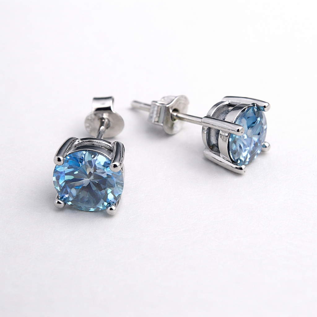 2 ctw Blue Moissanite Round Stud Earrings | 6.5mm | Rhodium Plated Sterling Silver | Gift Ready
