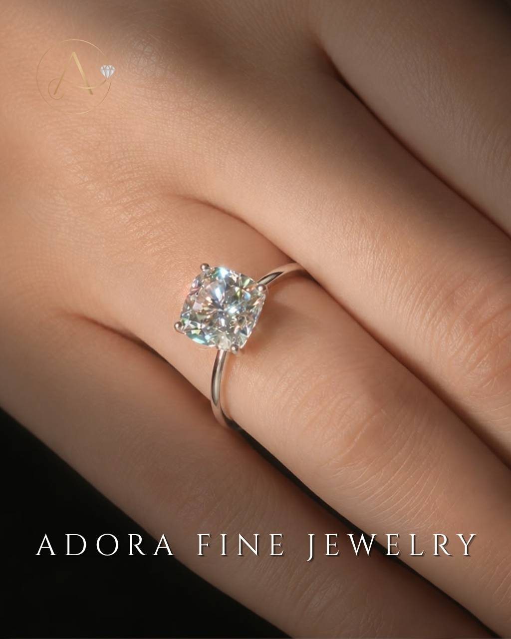 Solitaire Cushion Cut Moissanite Engagement Ring - 14K Solid Gold