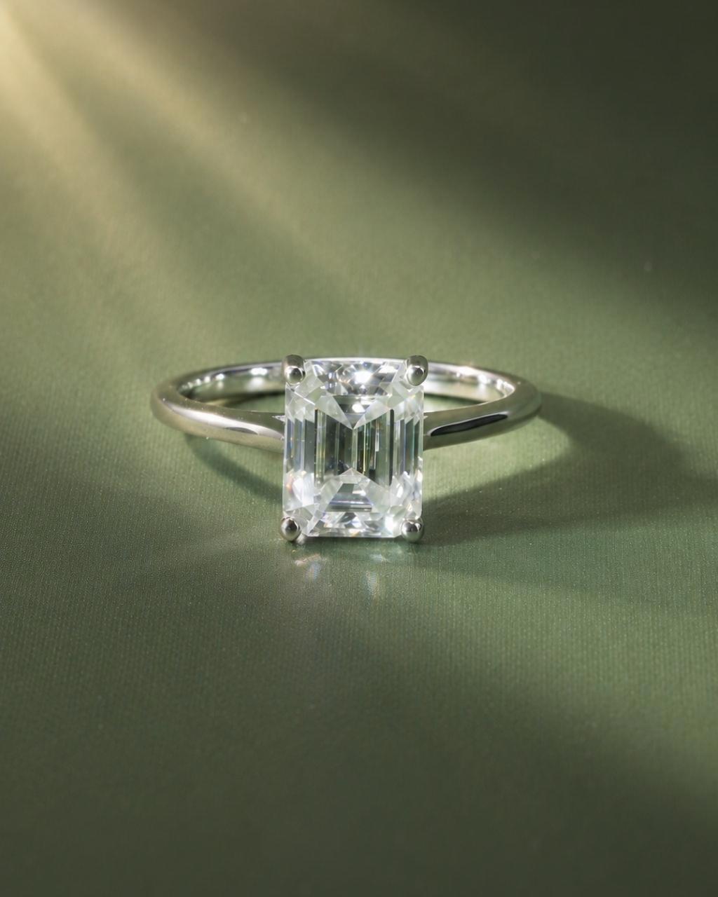 Solitaire Emerald Cut Moissanite Engagement Ring - 14K Solid Gold