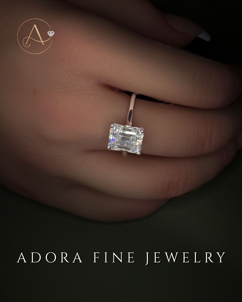 Solitaire Emerald Cut Moissanite Engagement Ring - 14K Solid Gold