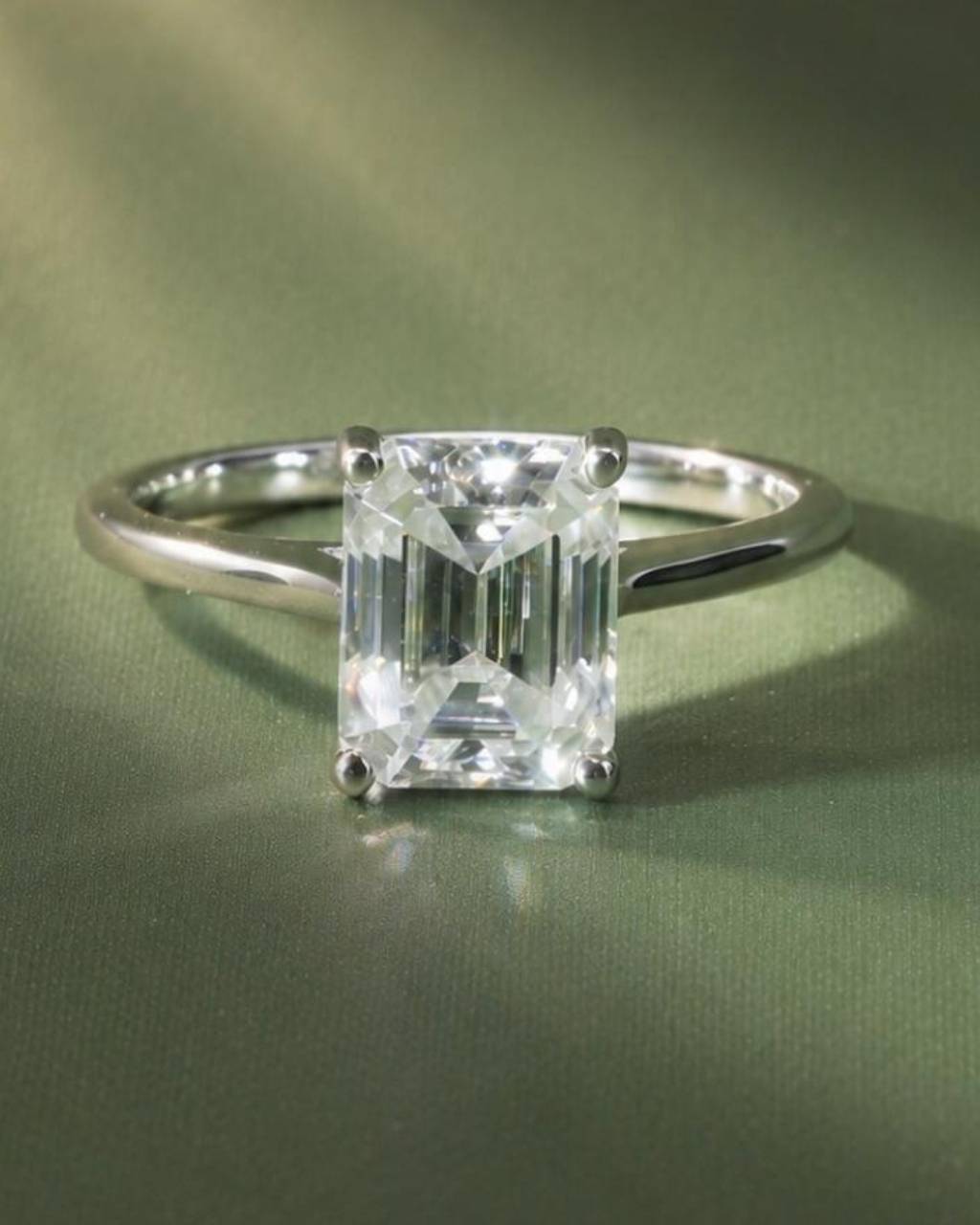 Solitaire Emerald Cut Moissanite Engagement Ring - 14K Solid Gold