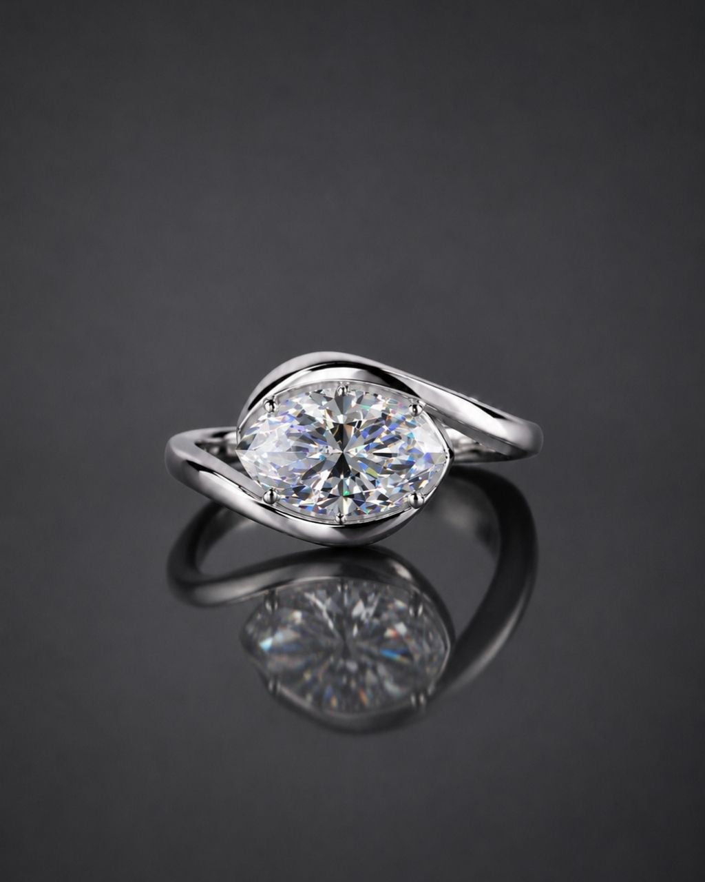 Swirl Bypass Solitaire Marquise Moissanite Engagement Ring - 14K Solid Gold
