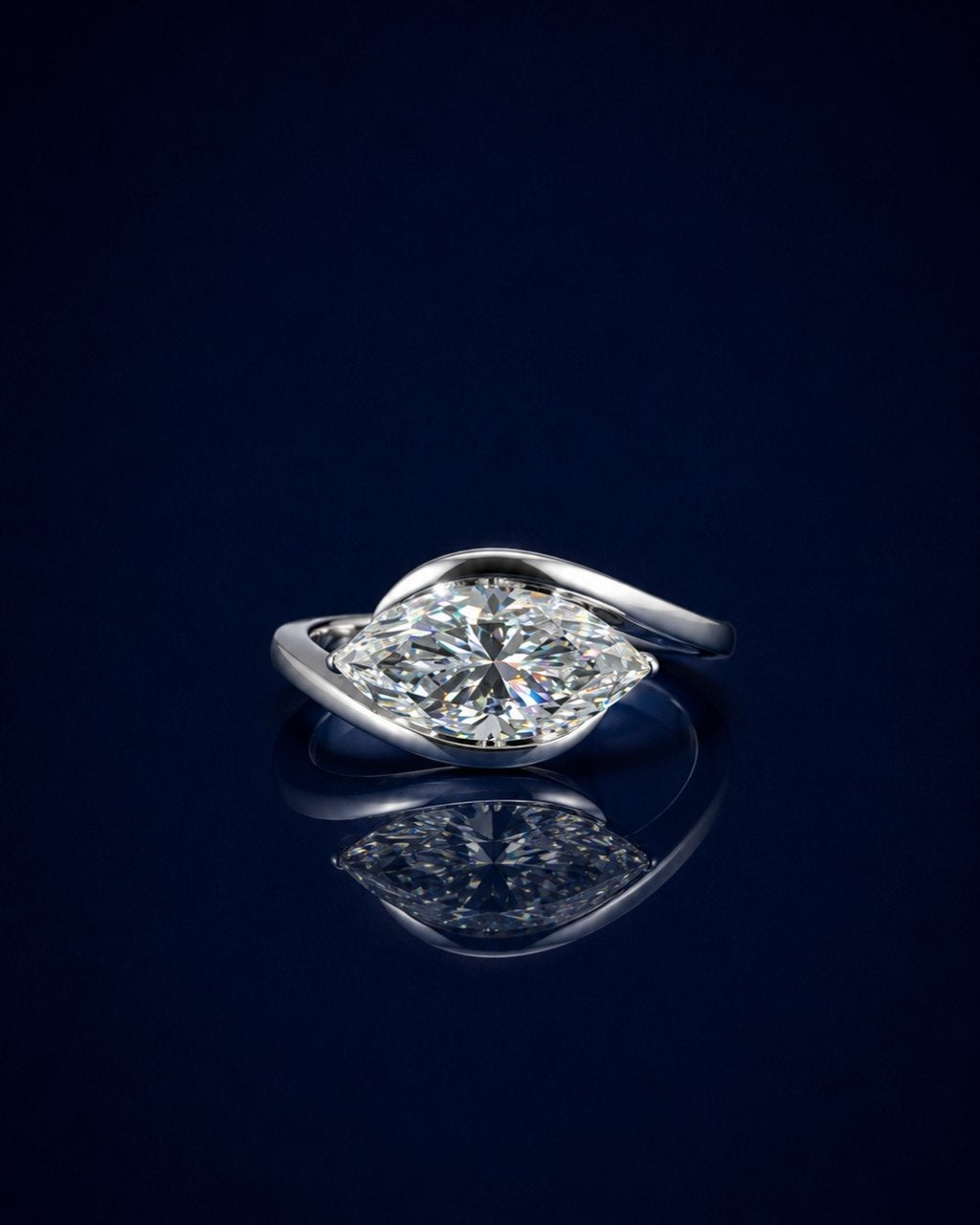 Swirl Bypass Solitaire Marquise Moissanite Engagement Ring - 14K Solid Gold