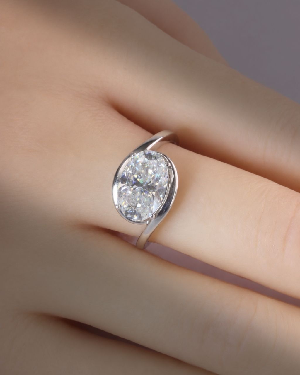 Swirl Bypass Solitaire Oval Moissanite Engagement Ring - 14K Solid Gold