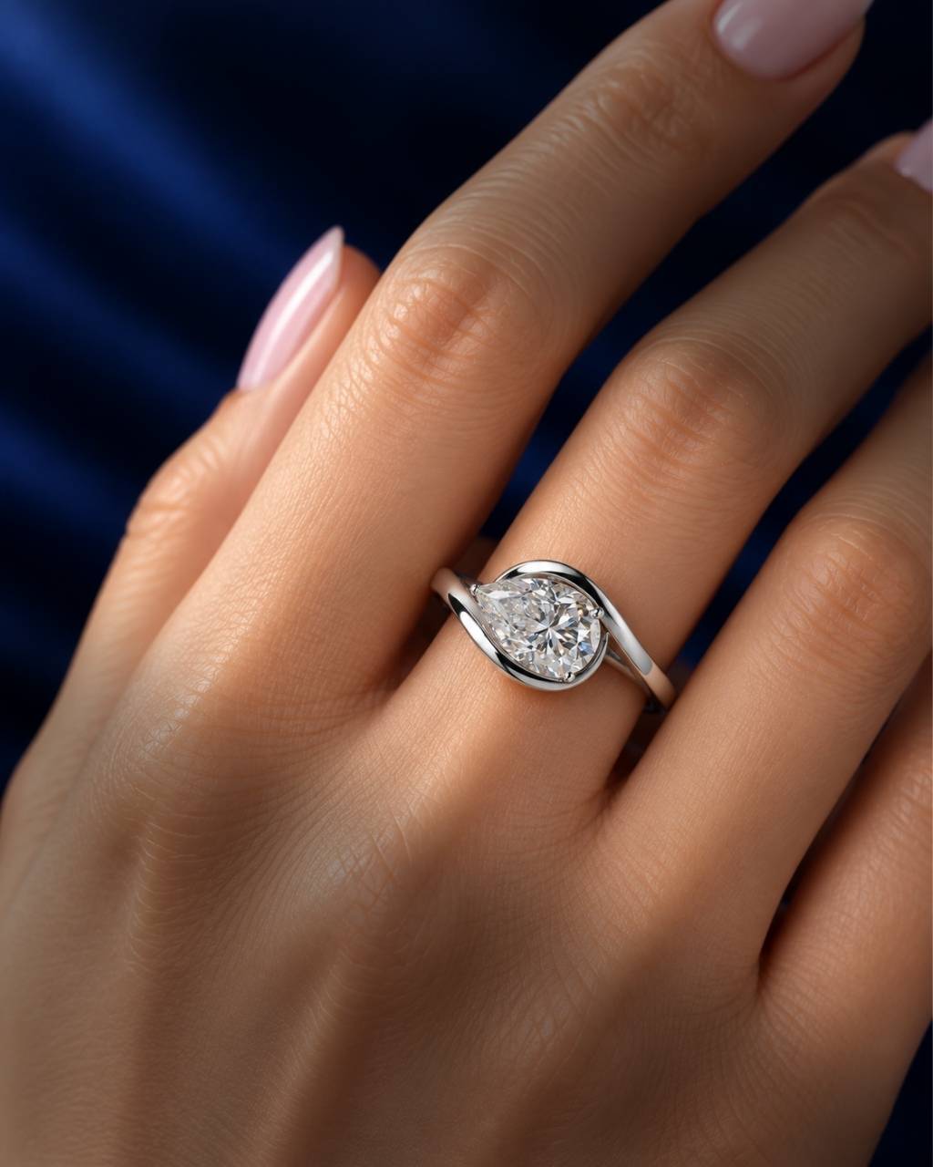 Pear-cut moissanite engagement ring in polished white gold with a modern swirl bypass setting, shown on a woman’s finger against a deep navy blue background.