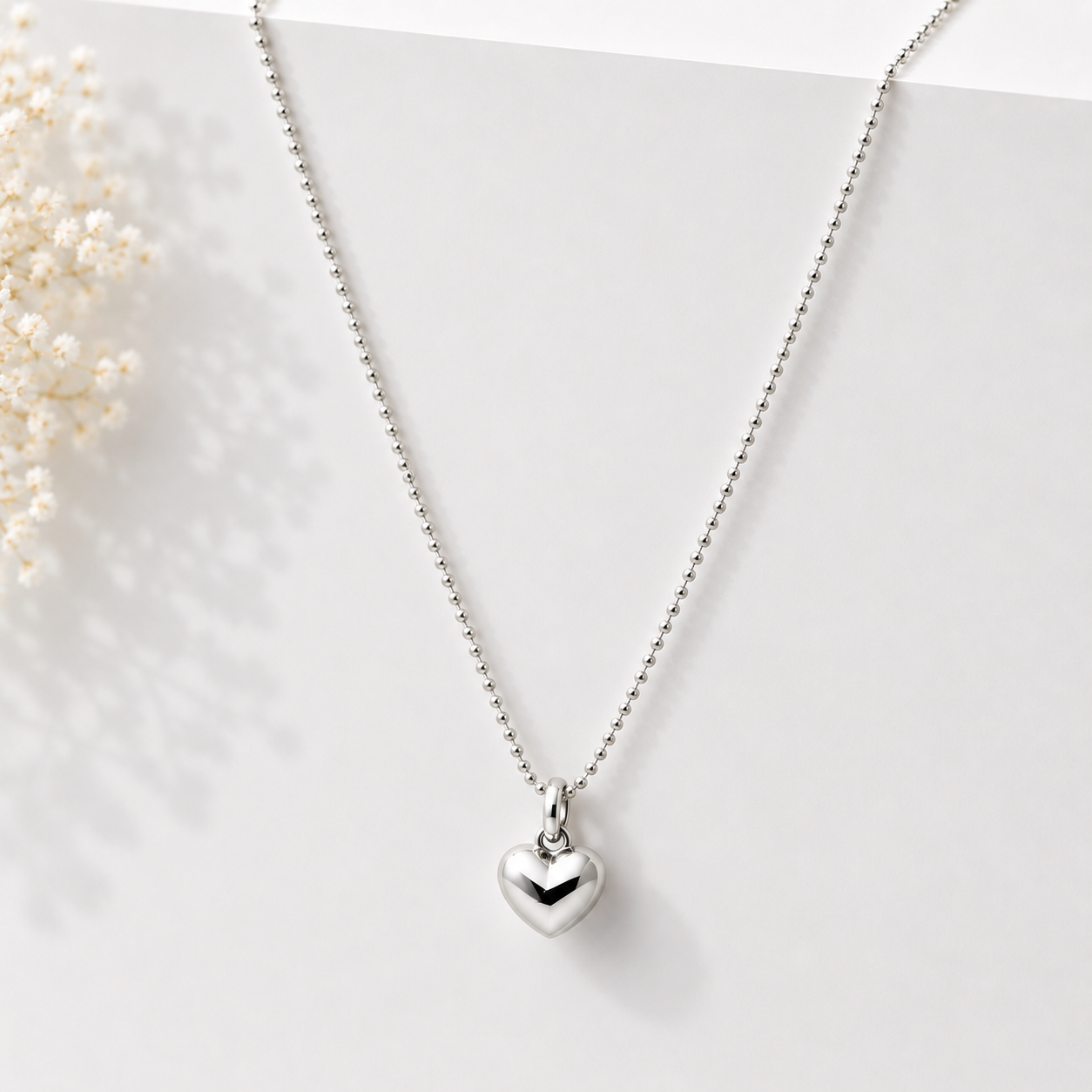 Puffy Heart Pendant Necklace, 14K Gold Plated or Rhodium Plated, Ball Chain