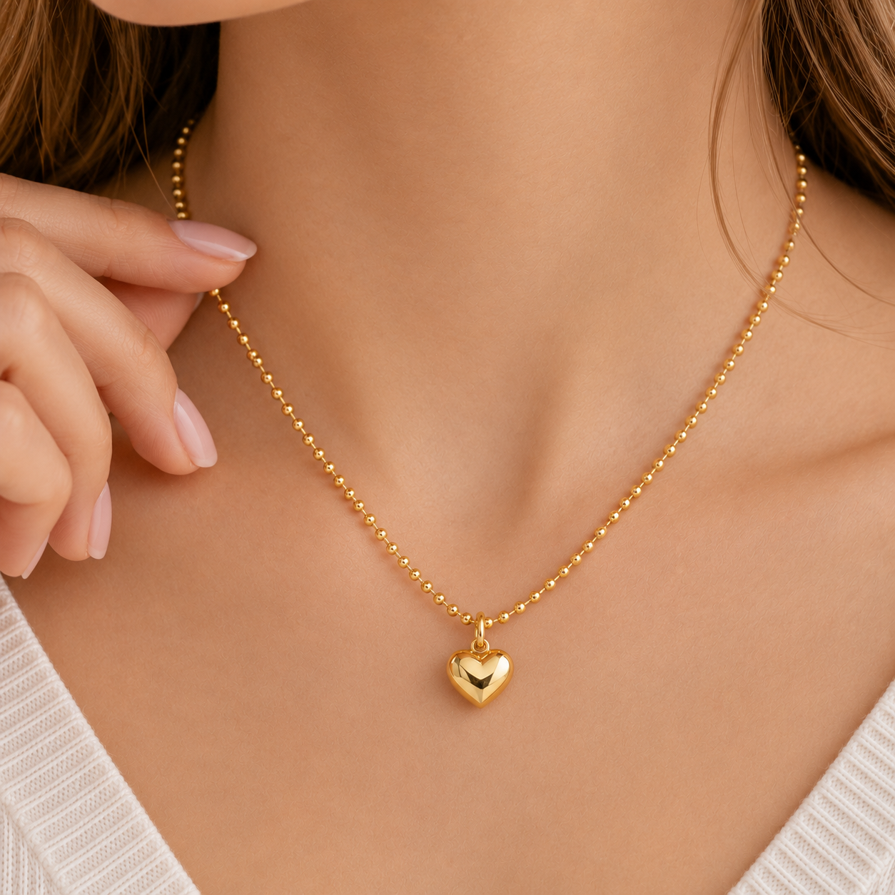 Puffy Heart Pendant Necklace, 14K Gold Plated or Rhodium Plated, Ball Chain