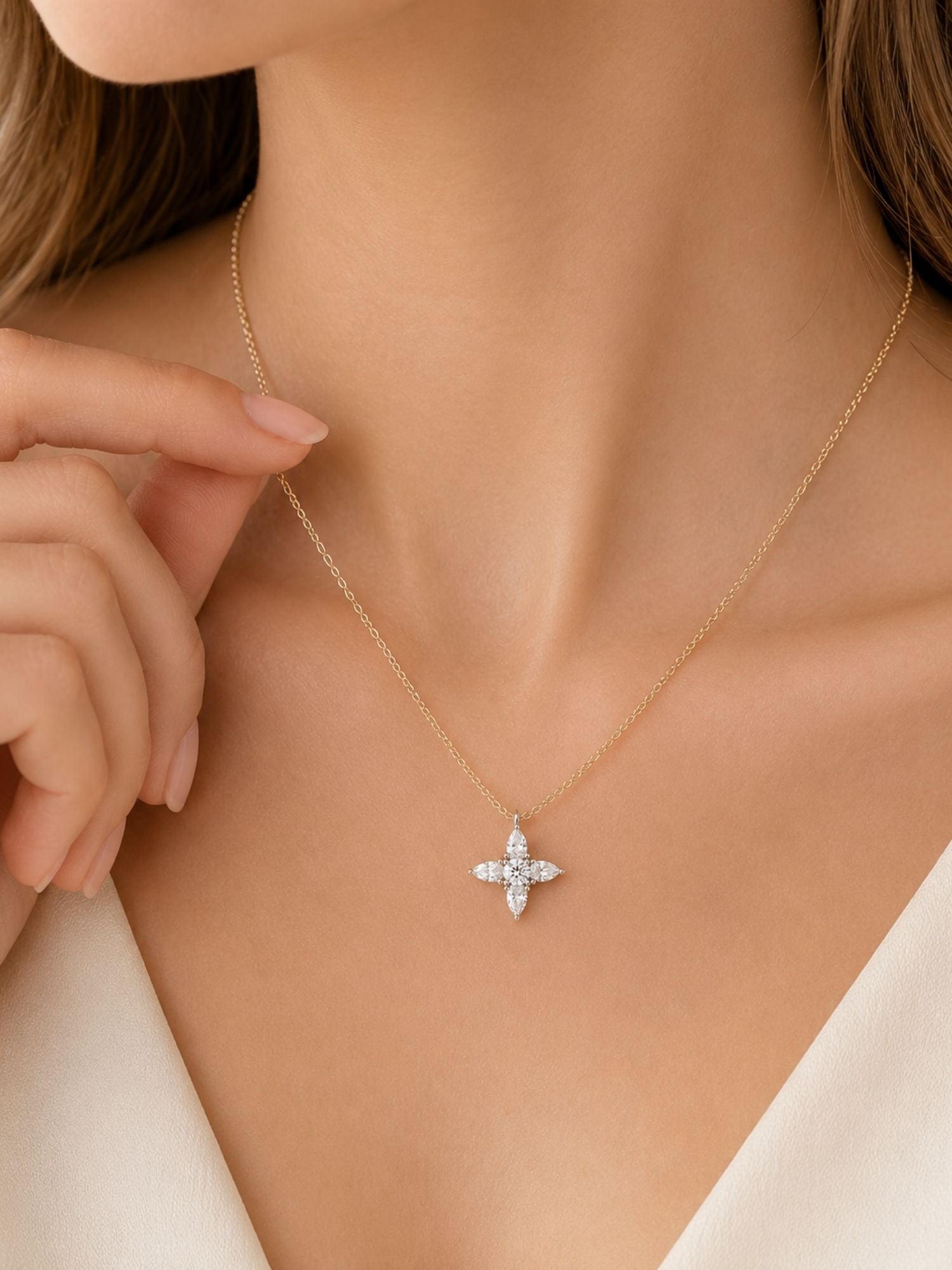 925 Sterling Silver 4-Point Star Pear Shape Moissanite Necklace