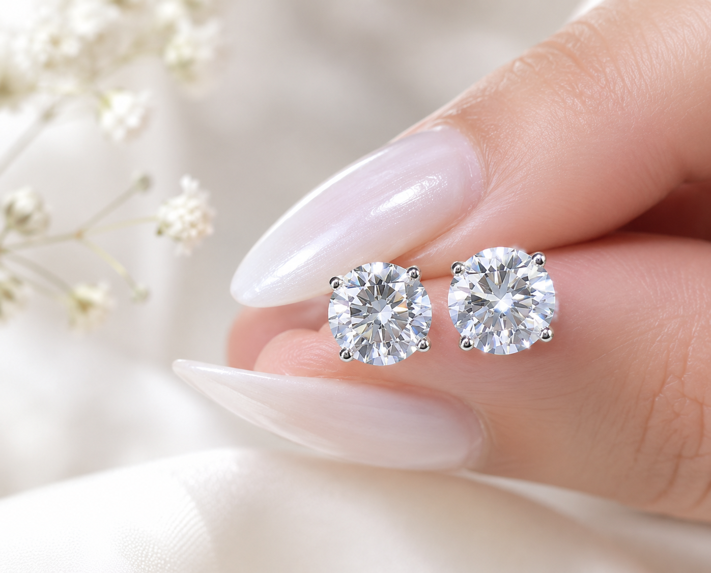 Round Moissanite Stud Earrings, 1-3 CTW, 5-7.5mm D-E VVS1, 4-Prong, 14K Gold Plated or Rhodium Plated 925 Silver, Push Back