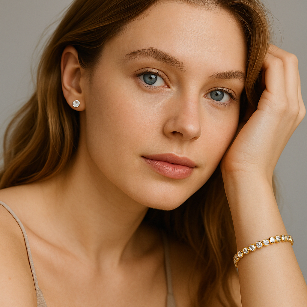 Woman with jewelry on a neutral background