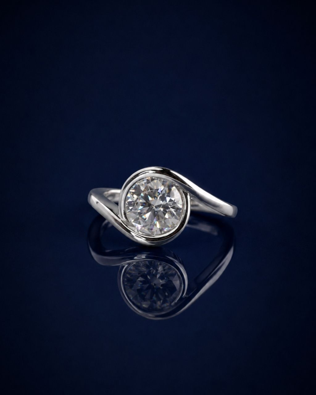 Swirl Bypass Solitaire Round Moissanite Engagement Ring - 14K Solid Gold