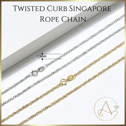 Twisted Curb Singapore 1.5mm Rope Chain Necklace |  925 Sterling Silver or 18K Yellow Gold Plated - Adora Fine Jewelry