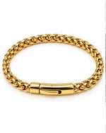 Men's stainless steel wheat link chain bracelet, 18K gold plated, barrel push-button clasp