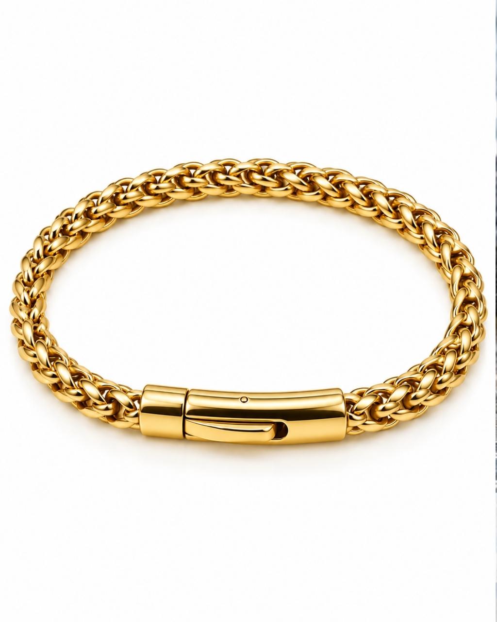Men's stainless steel wheat link chain bracelet, 18K gold plated, barrel push-button clasp