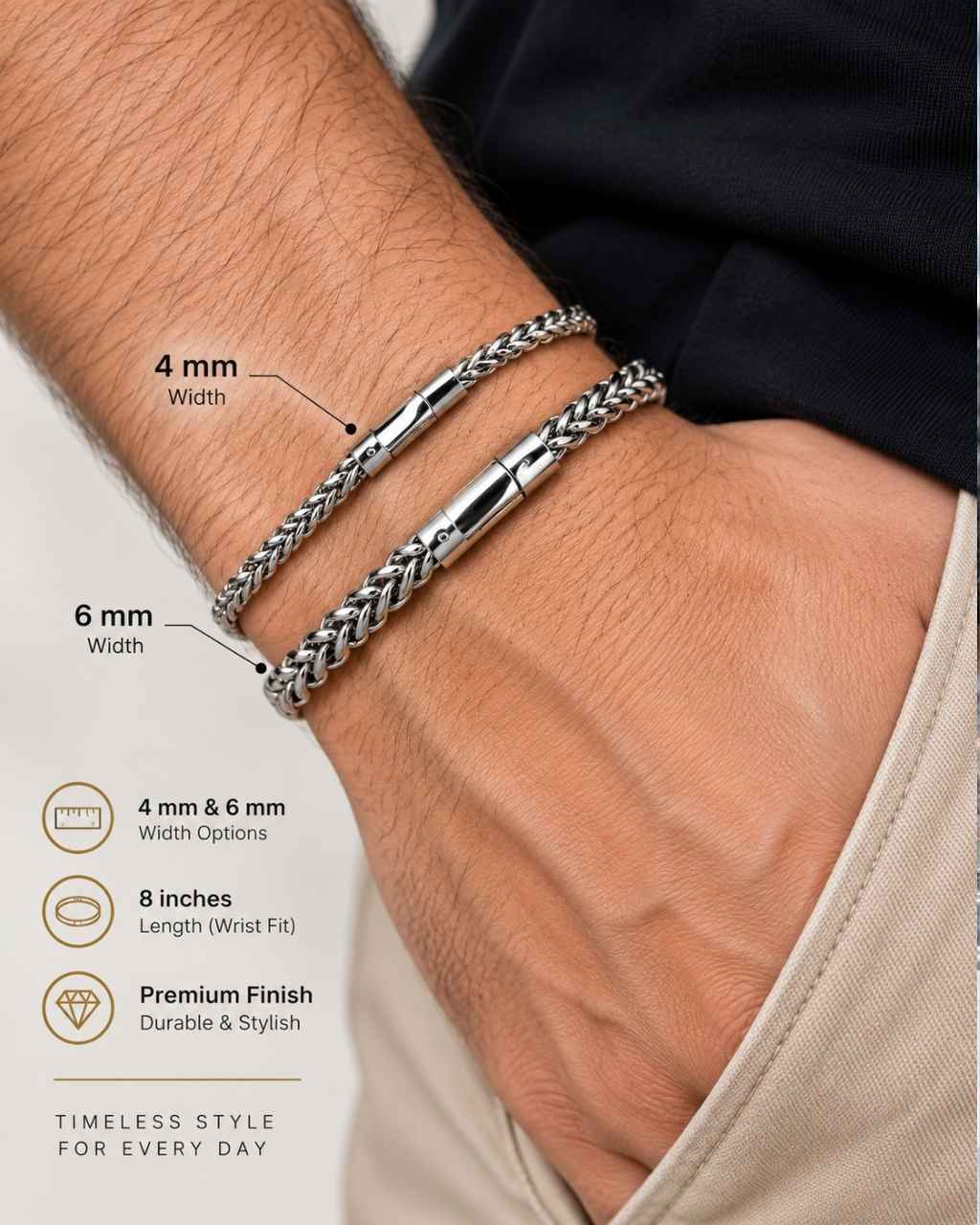 Men's rhodium plated wheat link chain bracelet size chart, 4mm and 6mm width options, 8 inch length, worn on wrist