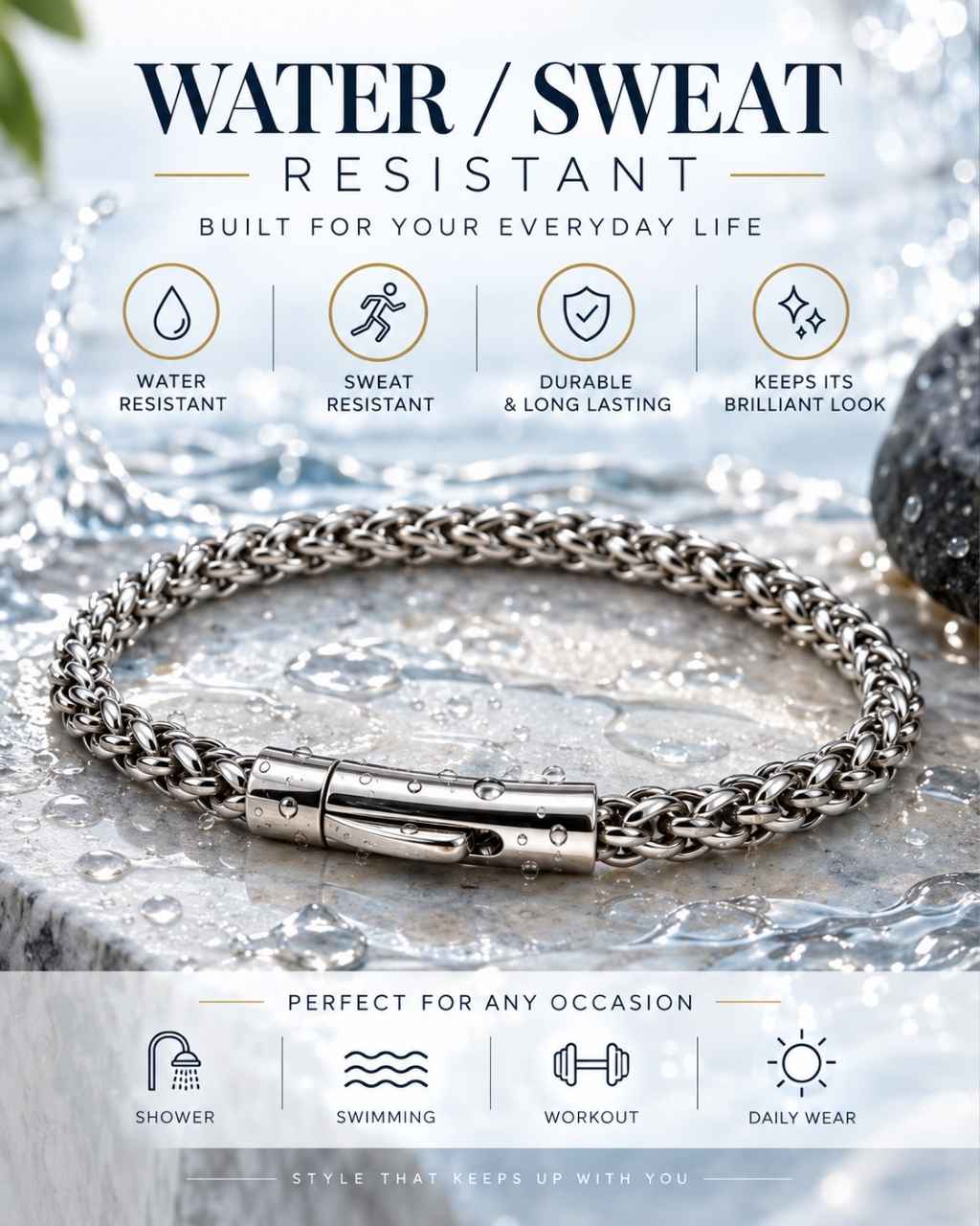 Men's stainless steel wheat link chain bracelet infographic, water and sweat resistant, durable, shown on wet stone surface