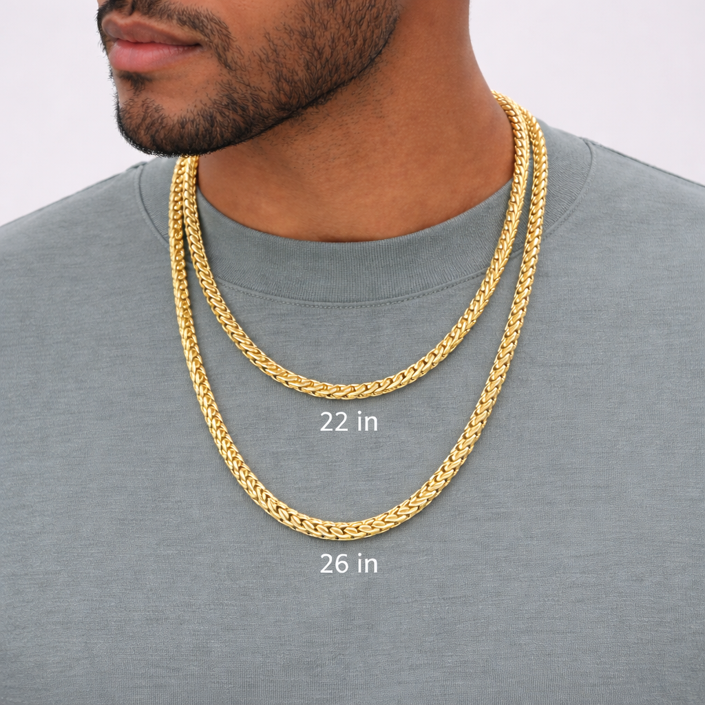 Men’s 18K Gold Wheat Link Chain Necklace 4mm - 6mm | 22" - 24" Length | Barrel Push-Button Clasp