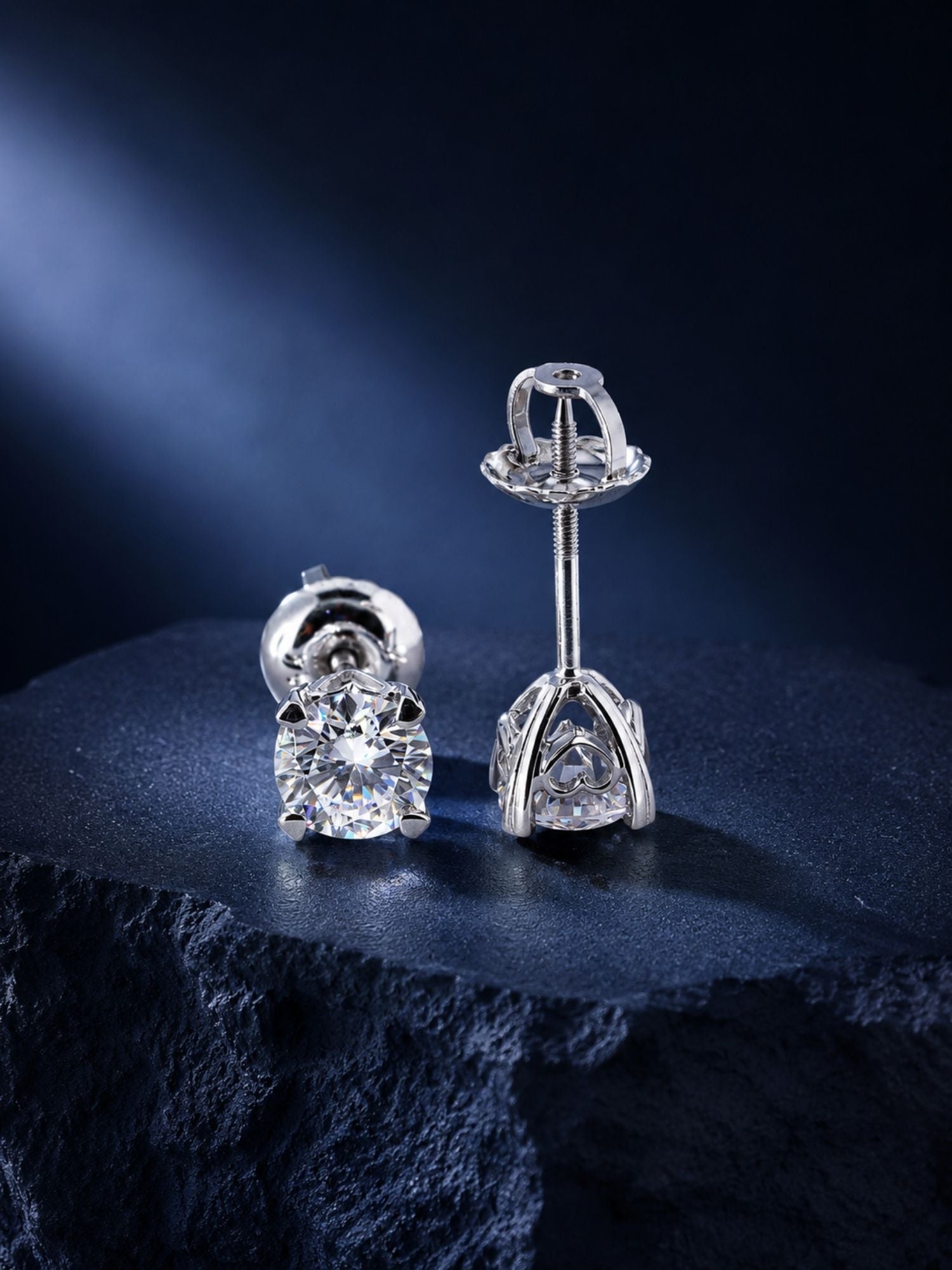 14K Solid Gold Round Moissanite - Open Heart Gallery Earrings
